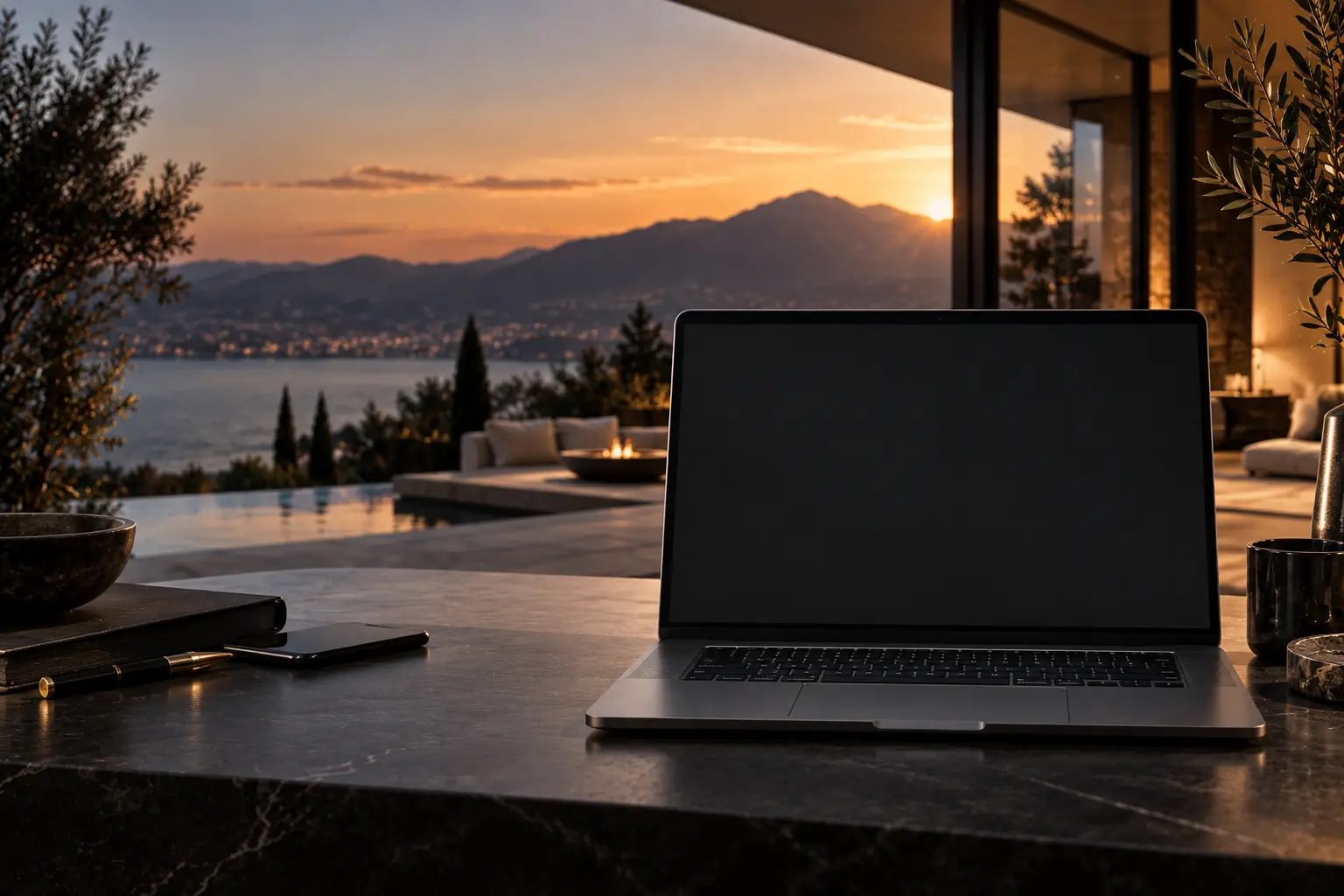 Villa contemporaine au coucher du soleil avec un ordinateur portable